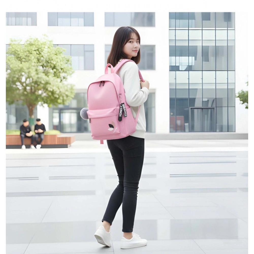 Generic Unisex PU Leather Solid Medium Zipper Backpack (Pink) - Image 2