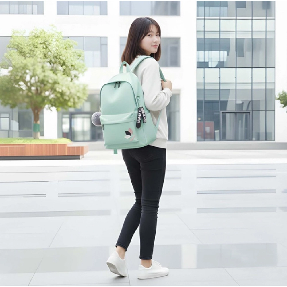 Generic Unisex PU Leather Solid Medium Zipper Backpack (Green) - Image 2