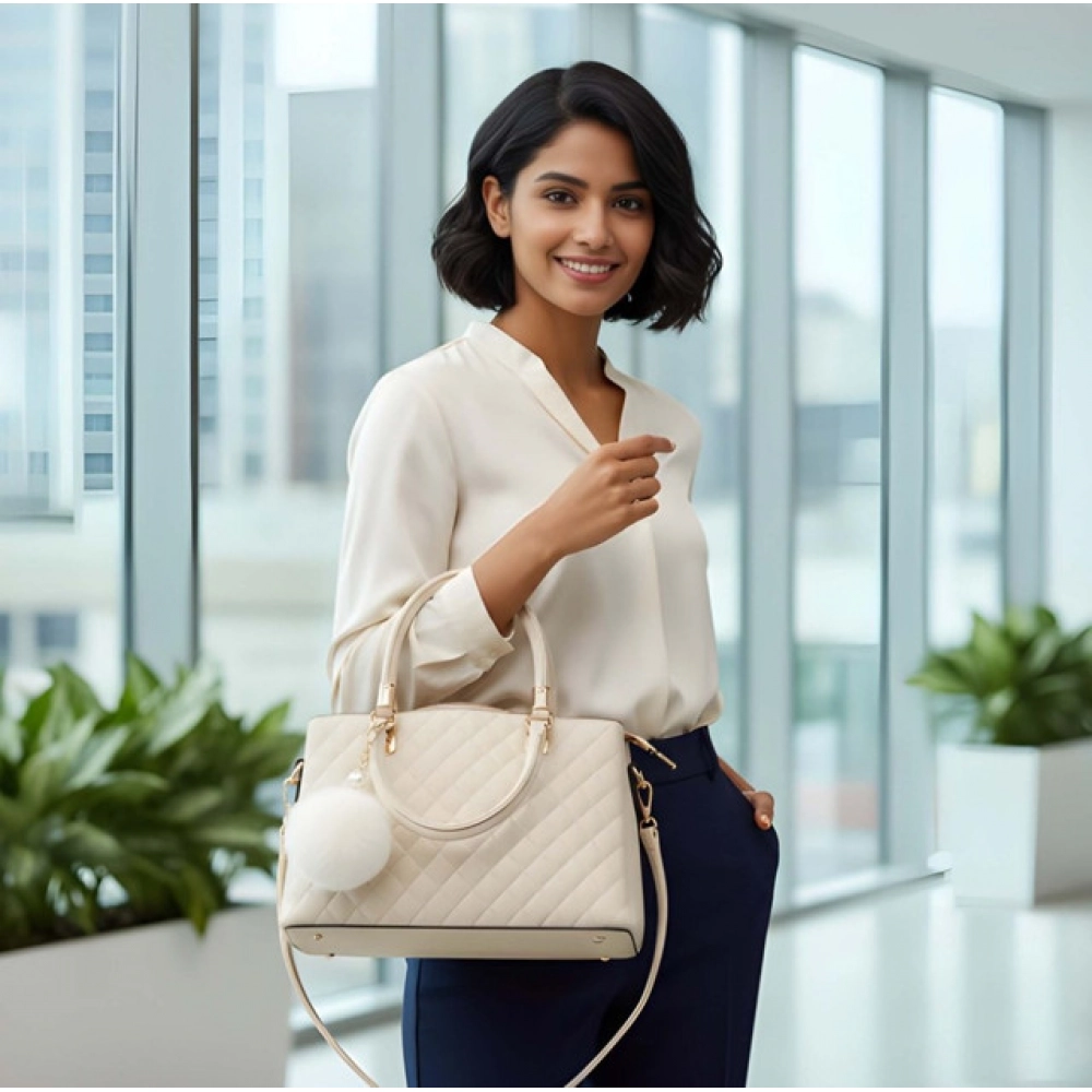 Generic Women's PU Leather Solid Shoulder Zipper Handbag (Cream) - Image 2